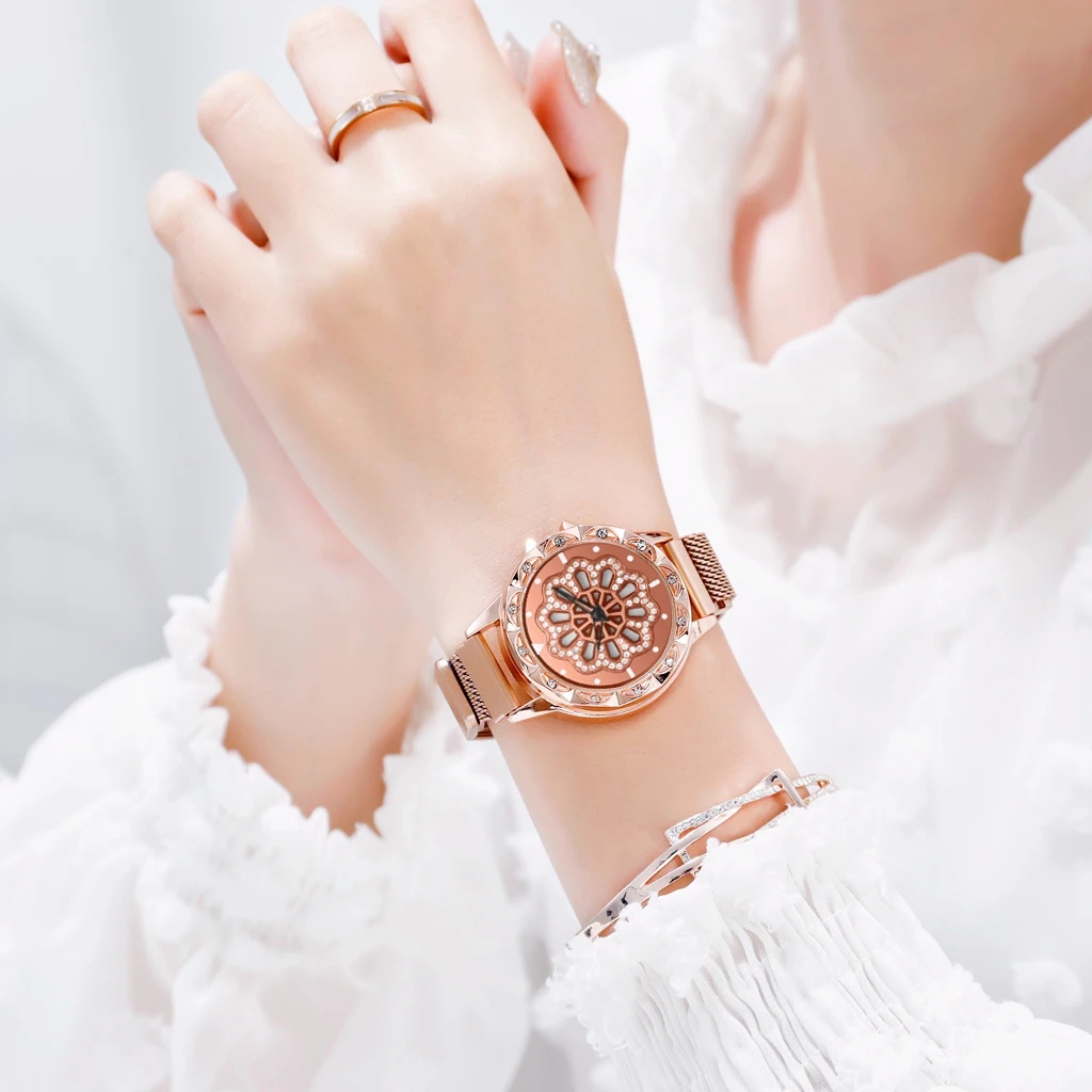 Женские роскошные часы с магнитным браслетом, 360 вращающиеся креативные женские кварцевые часы из нержавеющей стали золотистого цвета Relogio Feminino