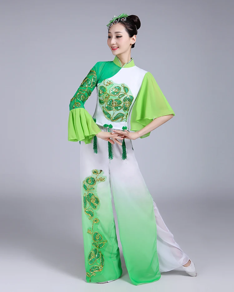Китайские народные танцевальные костюмы, одежда для женщин, классический зеленый веер янгко, танцевальный костюм для китайского традиционного танца для сцены
