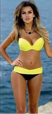 

2016 New Sexy Bikinis Women Swimsuit Split Mid Waisted Bathing Suits Swim Spell color Shoulder Tape Bikin Beach Size Swimwear XL