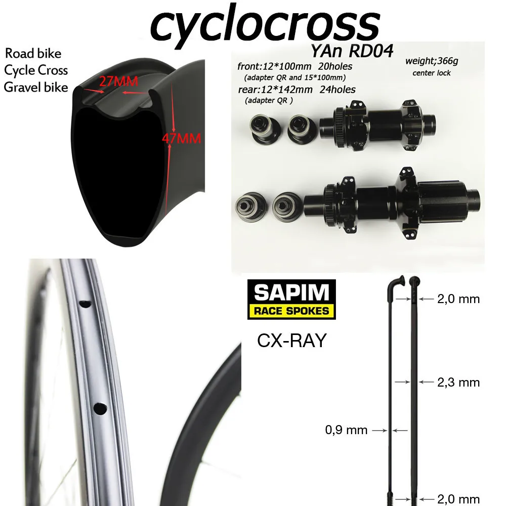 Cheap Low Resistance Gravel Bike Wheel Cyclocross Wheelset Toray T700 Carbon Fiber Road Rim With Sapim CX Ray Spokes 0
