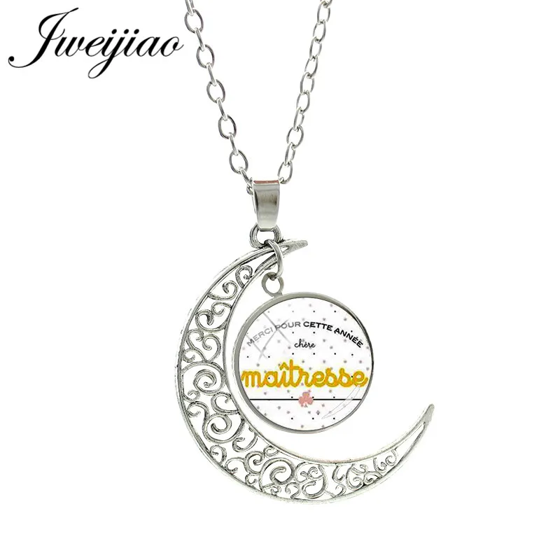 

JWEIJIAO French Je Suis Une Mamie Qui Dechire Moon Pendant Necklace Merci Maitresse Glass Cabochon Dome Collier Jewelry CT280
