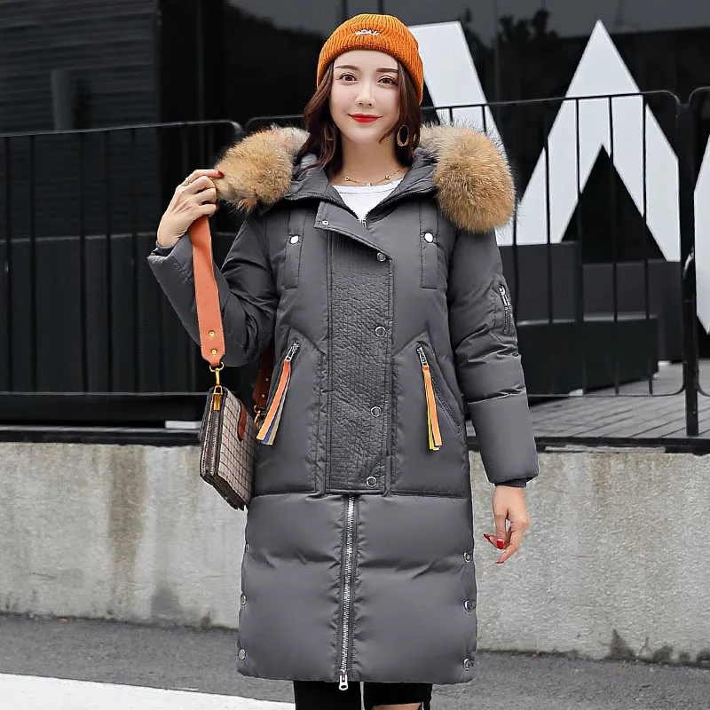 Высококачественная женская зимняя куртка с капюшоном и меховым воротником, теплое плотное Женское пальто, длинная парка, Mujer Invierno - Цвет: Серый
