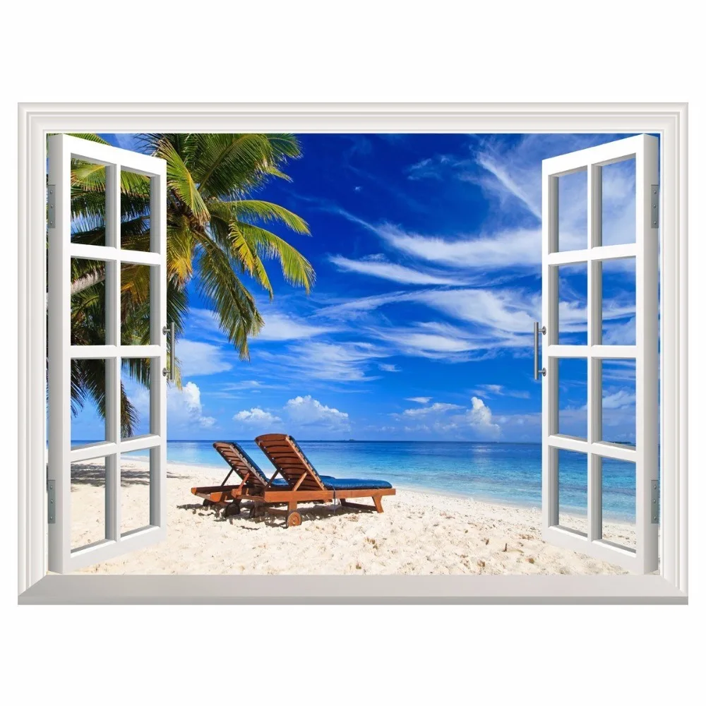 3D Effect Window View WALL STICKERS Tropical Beach with Chairs and Palm