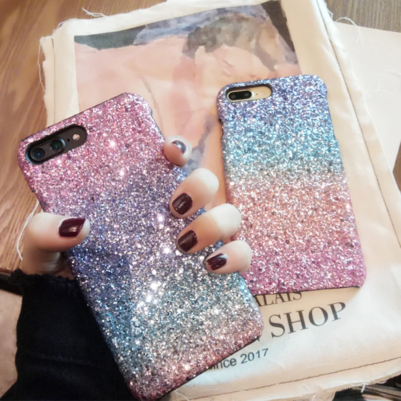 

For iPhone 5S Gradient Rainbow Flash Powder Cover For iPhone 7 8 6 6S Plus Case Glitter Bling Hard Back Cover For iPhone X Case