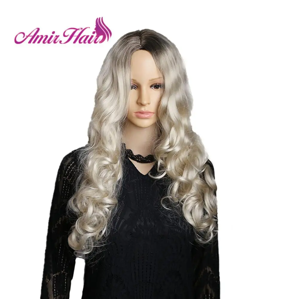 

Amir Long Water Wave Synthetic wigs Ombre Blonde with Black Roots Side Part High Temperature Fiber cosplay Hair For Black Women