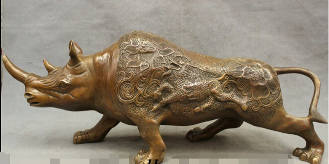 

bi002687 26" Folk Chinese Bronze Animals Bull Rhinoceros Horn Oxen Kylin Unicorn Statue