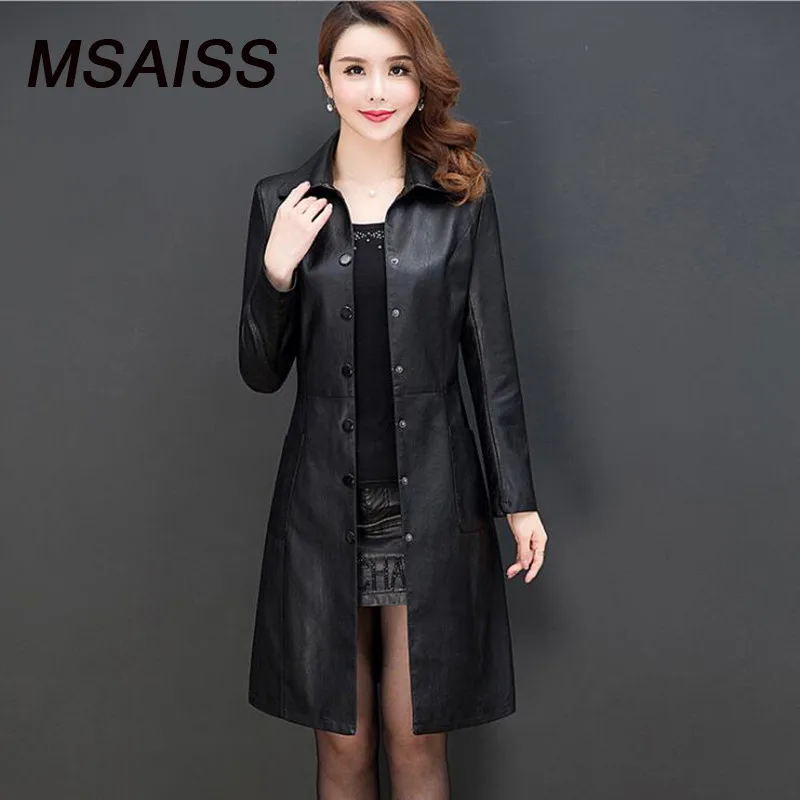 Черный MSAISS кожаная куртка для женщин, большие размеры, XL-6XL, женская верхняя одежда из искусственной кожи, длинный женский кожаный Тренч - Цвет: Черный
