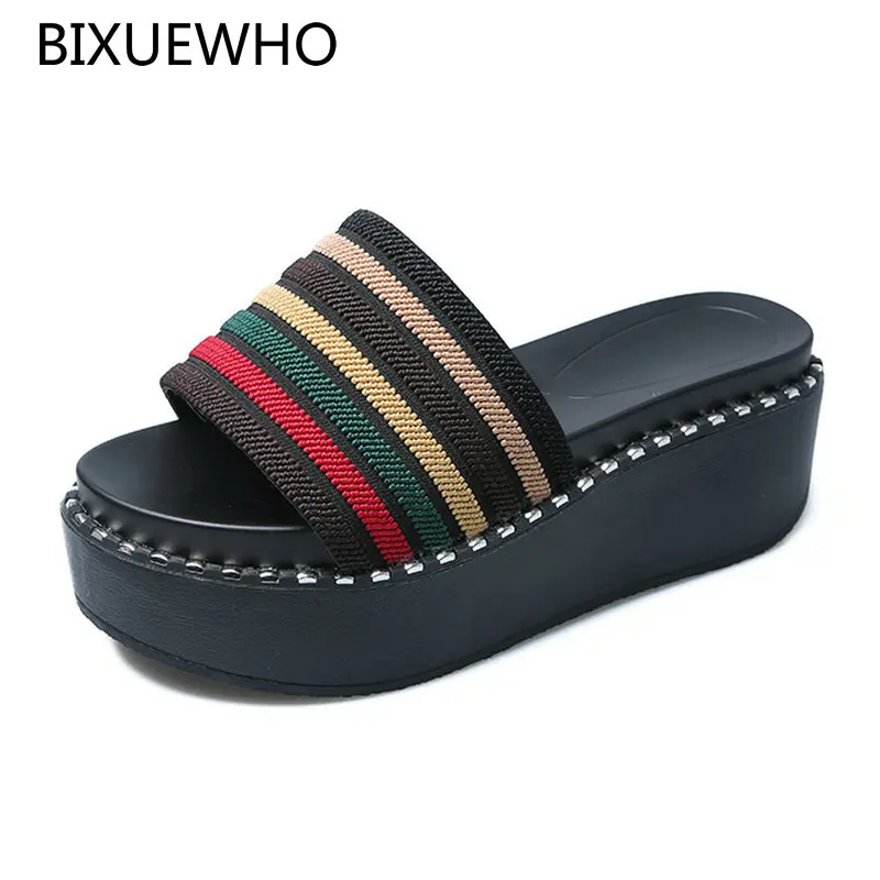 

Size 35-40 2019 New Arrival Summer Female Slippers Women Round Toes High Heels Striped Shoes Woman Collocation Outside Slippers