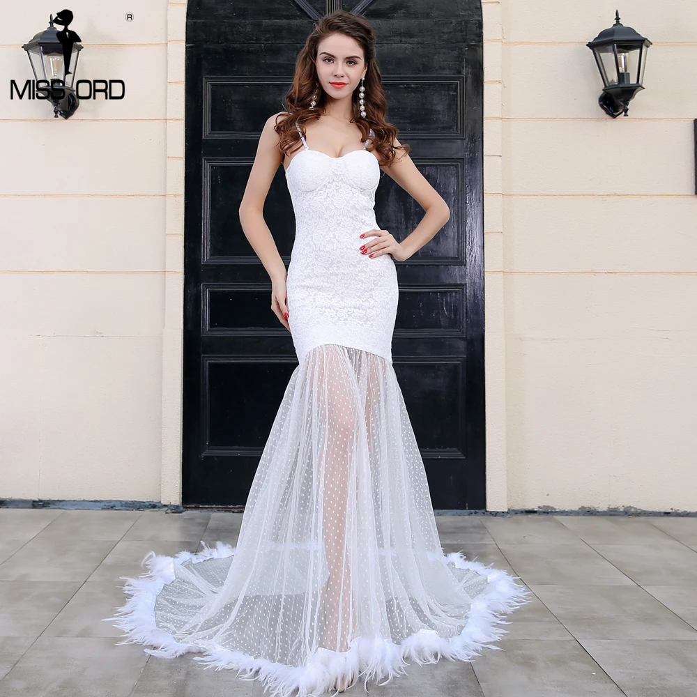

Missord 2019 Sexy BRA off the shoulder lace zipper feathers maxi dress FT8264