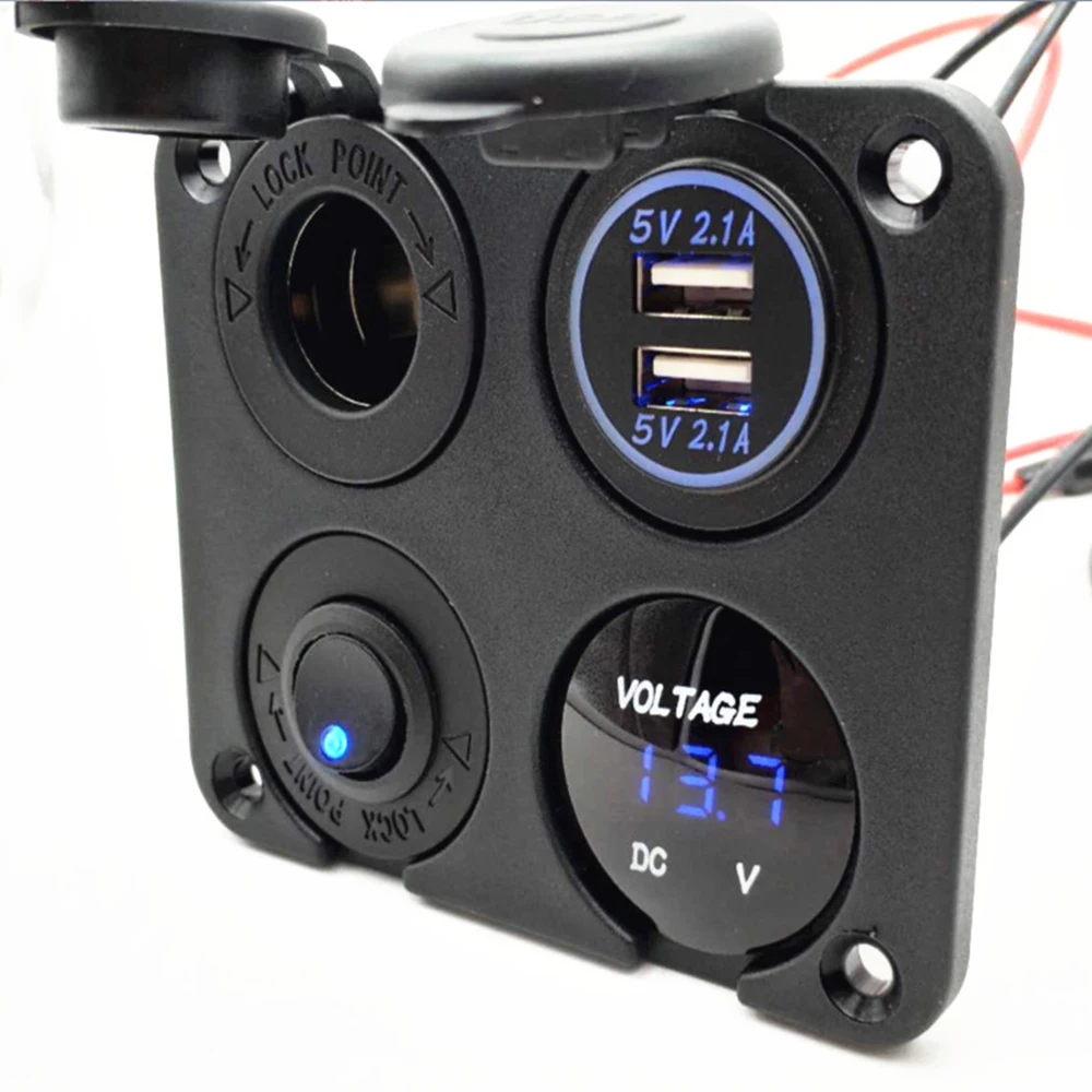 Interruptor de encendido//apagado Panel de interruptor LED de barco marino 4 en 1 para autom/óvil Toma de corriente de 12V negro, rojo y azul Volt/ímetro LED Puertos USB duales Cargador de coche