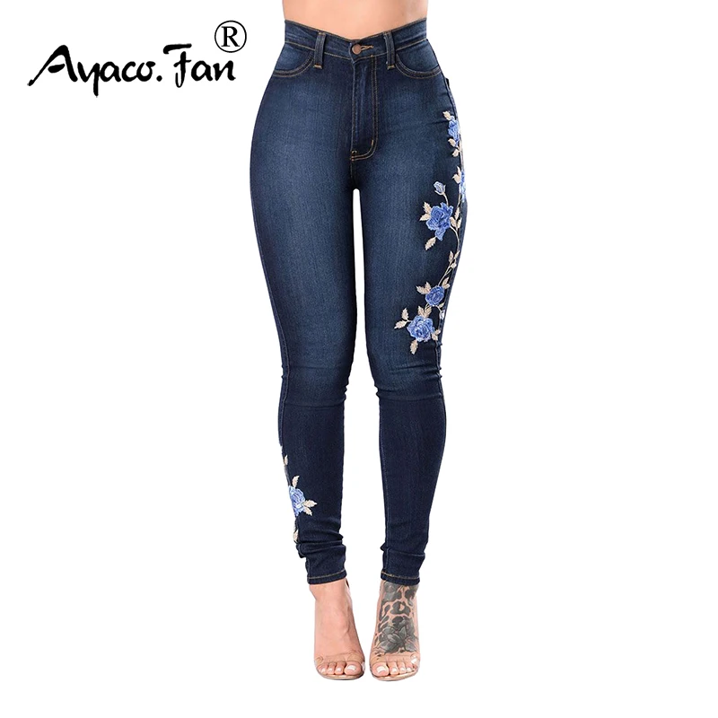 

2019 Flower Embroidered Jeans High Waist Pants Women Elastic Jean Pencil Denim Pants Female Sexy Skinny Femme Bottom Trousers