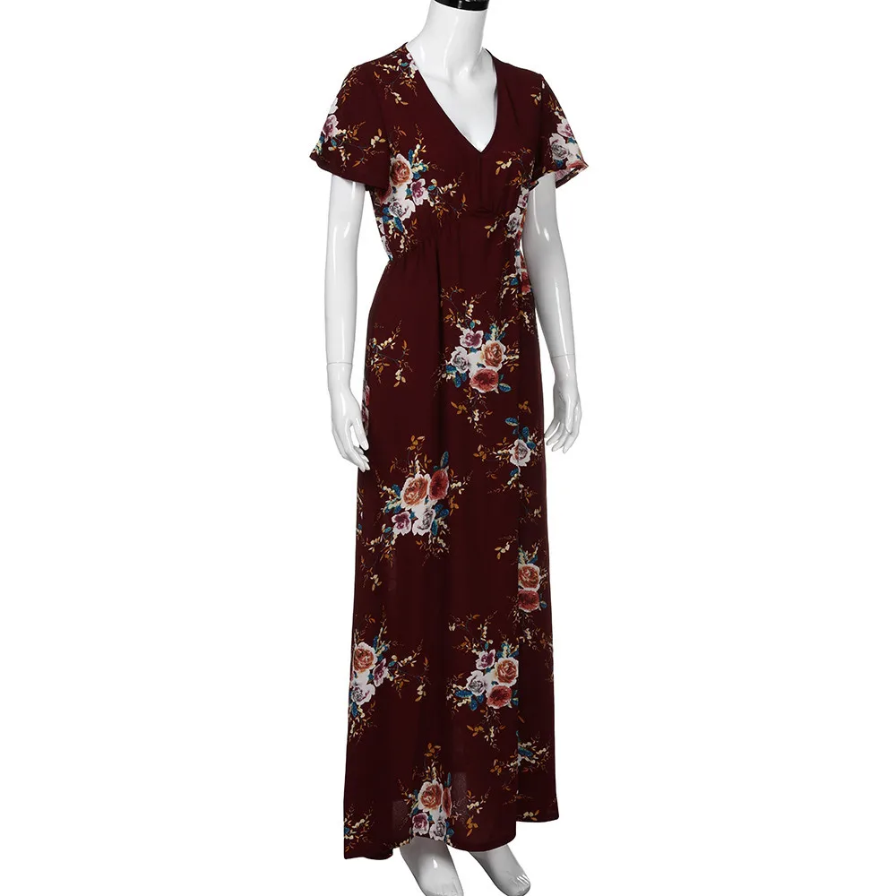 CHAMSGEND2019 женское Модное Длинное богемное платье, летнее повседневное винтажное платье с принтом и коротким рукавом, элегантное богемное пляжное платье