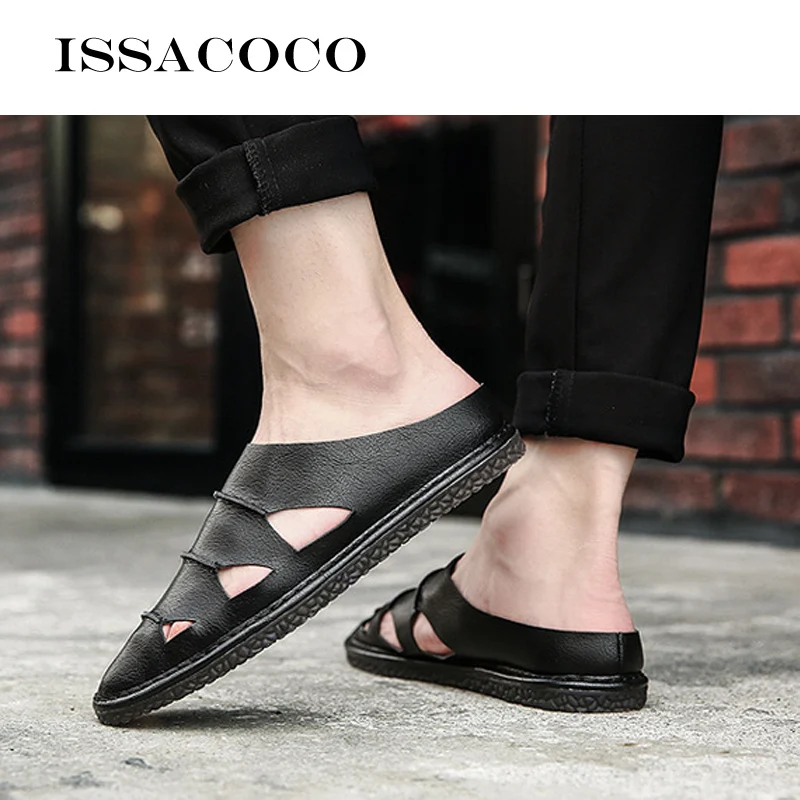 ISSACOCO Summer Men Genuine Leather Slippers Beach Casual Sandals Men Flip Flops Men Shoes Homw Slippers EU Size 39-47 Pantuflas