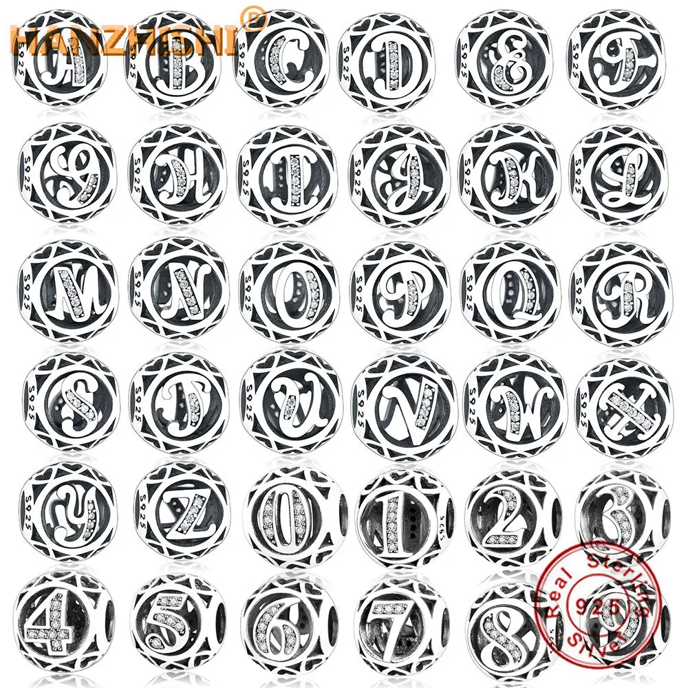 

100% 925 Sterling Silver Number Letter Charm Beads Fit Original Pandora Charm Bracelet Birthday Number Name Letter DIY Jewelry