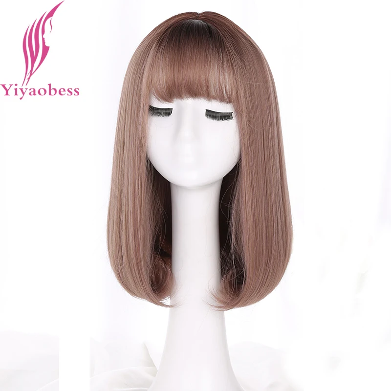 Us 14 21 32 Off Yiyaobess Korea Style Synthetic Medium Long Bob Wig With Bangs Dark Roots Ombre Hair Linen Grey Natural Straight Woman Wigs In