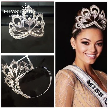 

Himstory New Arrival Big Size Miss Universe Same Crown Full Round Adjustable White Pearl Peakcock Feather Tiara Pageant