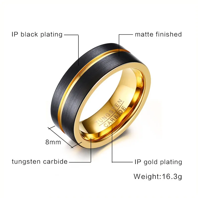 Meaeguet 8 мм широкое Золотое вольфрамовое Карбидное кольцо для мужчин, трендовые кольца с одним канавком, обручальные кольца, ювелирные изделия, размер США