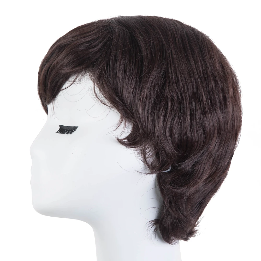 Fei-Show Man Wig Synthetic Heat Resistant Fiber Short Wavy Hair Male Hairpiece Black/Dark Brown/Light Brown /Picture Color