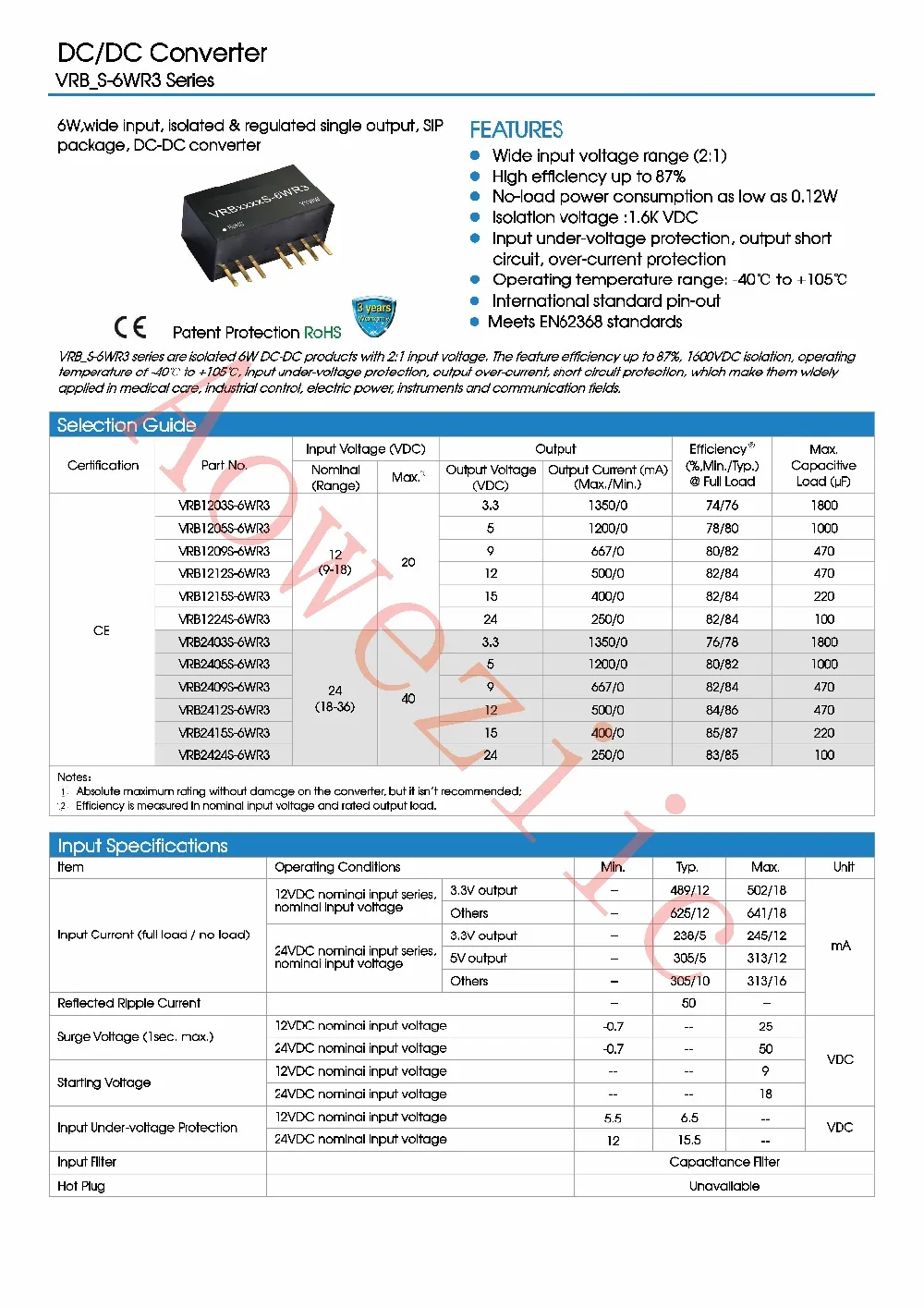 Aoweziic 5 шт./лот VRB2405S 6WR3 новый оригинальный Вход: 18 36 в Выход: В 1.2A DC 1500VDC