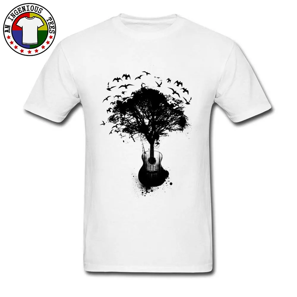 

Black Ink Painting Guitar Tree Song Birds White Men's T Shirt High Pixel Printing Slim Fit Music T-Shirts College Art Designers