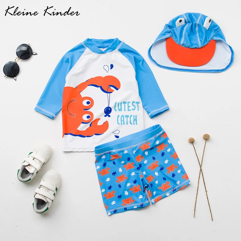 

UPF50+ Long Sleeve Baby Boy Swimwear Cartoon Crab Two Pieces Rash Guard with Hat Toddler Boys Swimsuit Kids Bathing Suit 0-5T