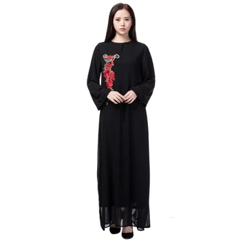 

Muslim Women Long Sleeve Robe Chiffon Embroidery Dress Kaftan Abaya Jilbab Islamic Embroideried Flower