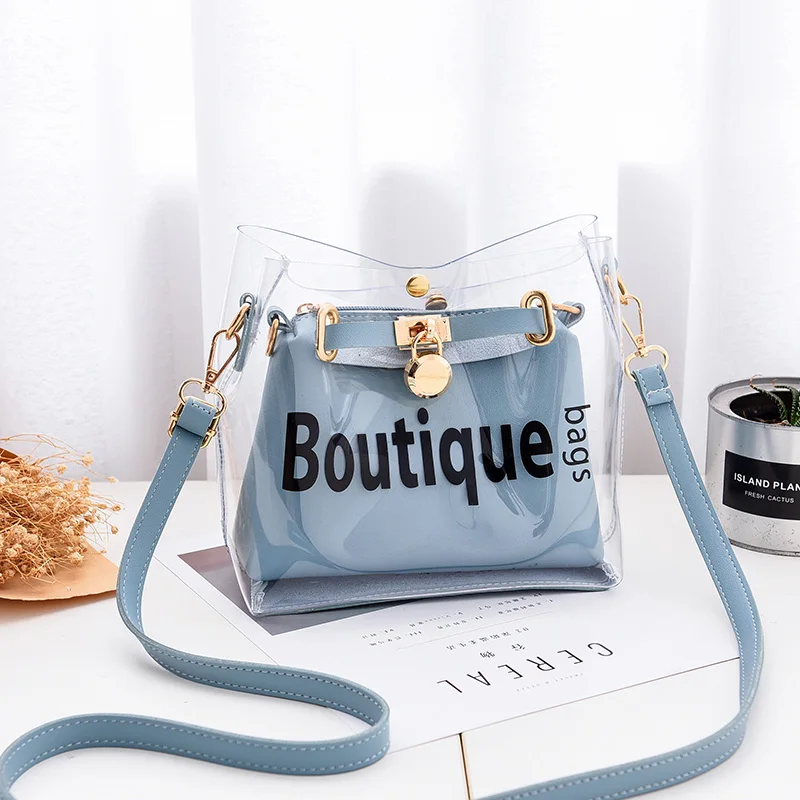 

Small clear Brand Designer Woman 2019 New Fashion Messenger Bag Chains Shoulder Bag Female Rivets Transparent Square PU Handbag