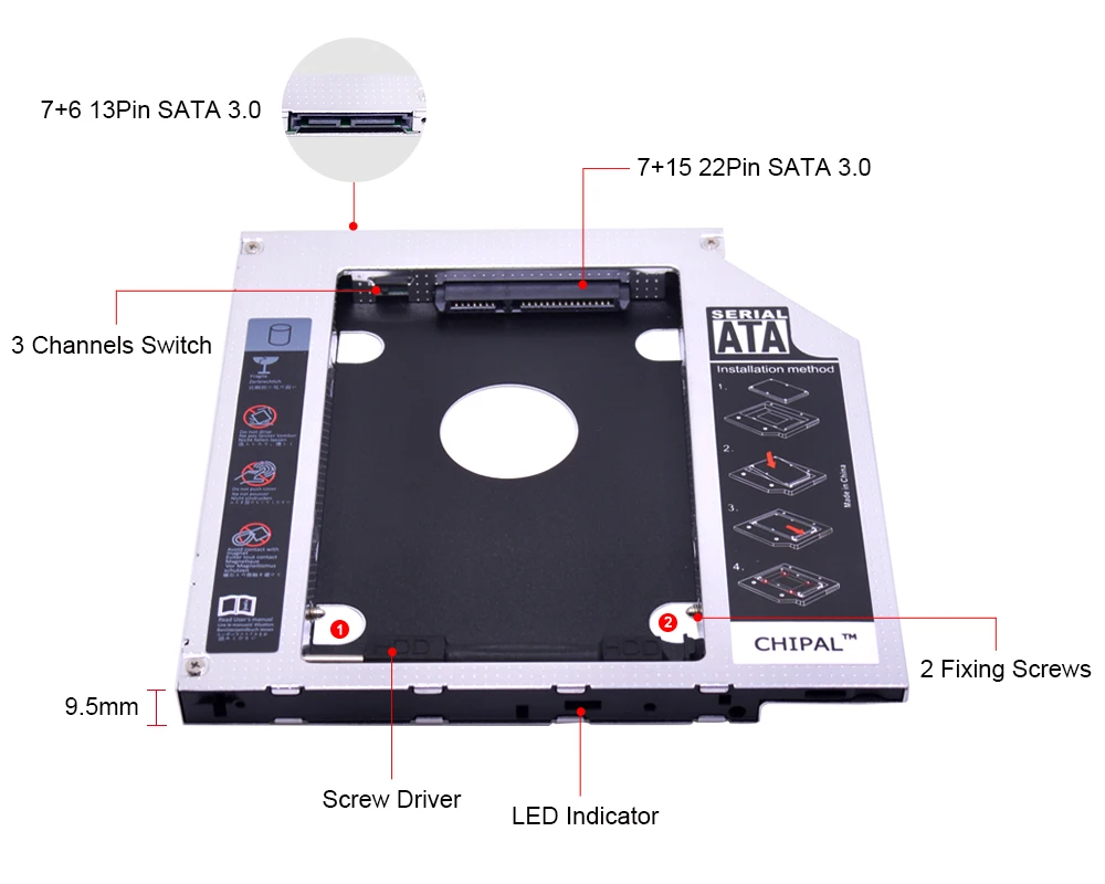 CHIPAL Универсальный 2-ой HDD Caddy 9,5 мм SATA 3,0 для 2," SSD чехол HDD корпус со Светодиодный индикатор для ноутбука CD-ROM DVD-ROM ODD