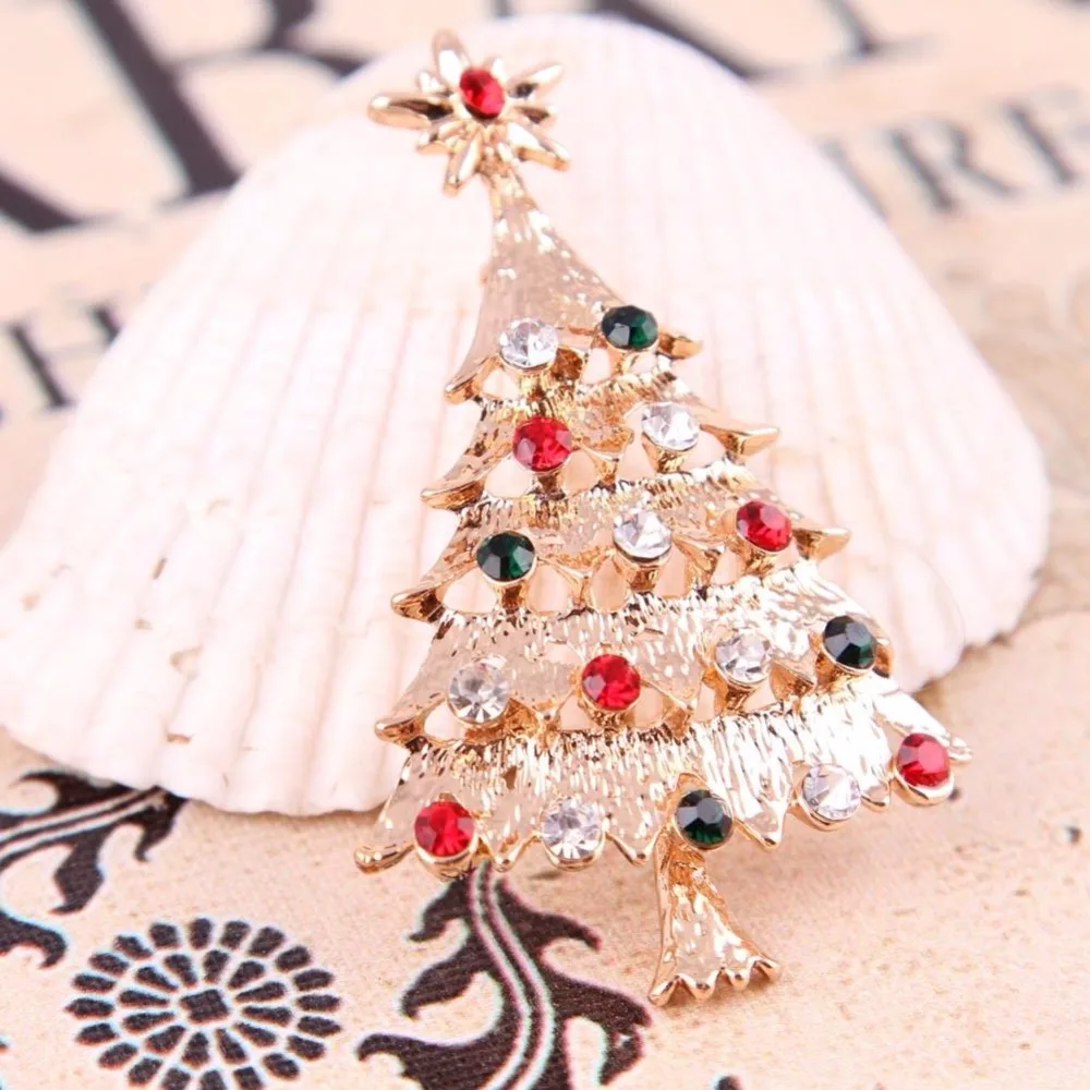 Women Christmas Tree Brooches Xmas Tree Rhinestone Crystal Brooch Pin