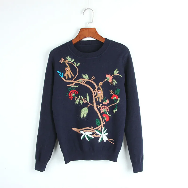 Для женщин свитера и пуловеры осень-зима Long Sleeve Tree обезьяна Embroiery узоры белый Цвет Для женщин Повседневное Вязание свитер