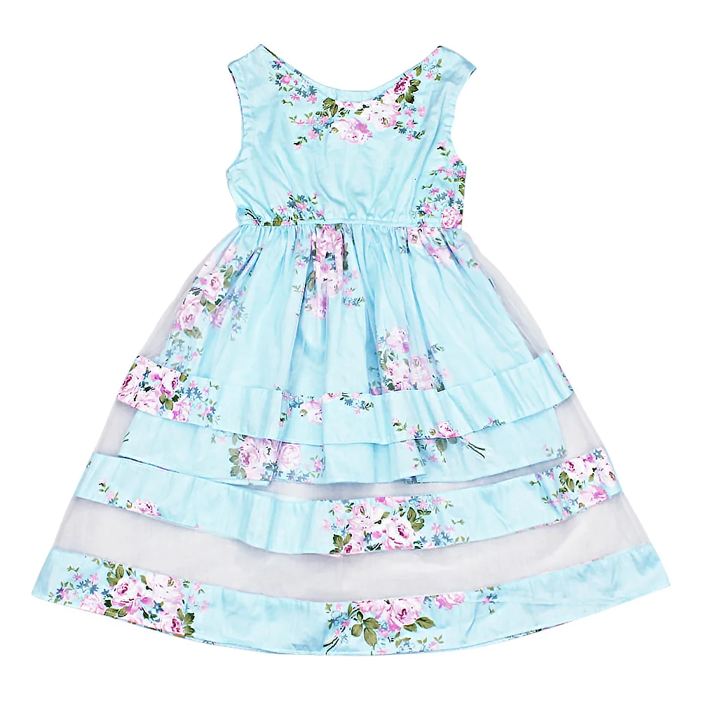 Girls Summer Dress Beach Style Lace Gauze Tiered Floral Print Party Dresses For Girls Vintage