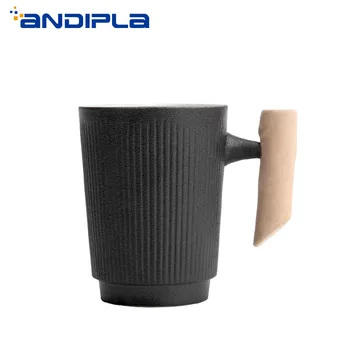 

250ml Vintage Black Ceramic Coarse Pottery Mug Simple Stripe with Wooden Handgrip Tea Milk Coffee Cup Creative Office Water Mugs