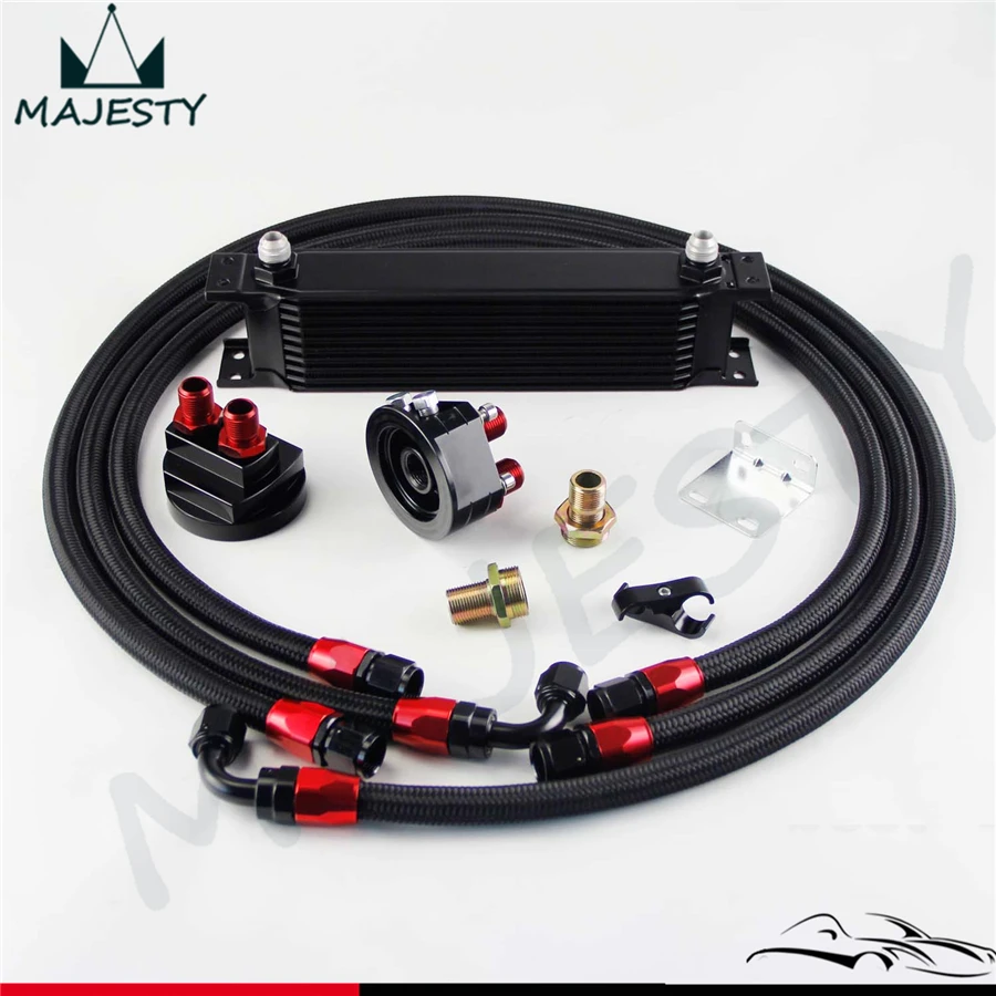 

10 Row AN8 Engine Oil Cooler + 3/4*16 & M20 Filter Relocation Adapter Kit Black