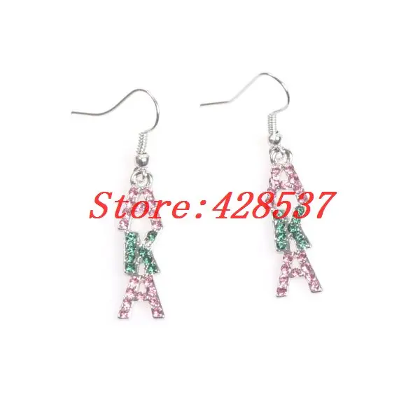 

Free Shipping Greek AKA Sorority Fraternity Alpha Kapp Alpha Pink Green Crystal Rhinestone Pendant Charm Pierced Drop Earrings