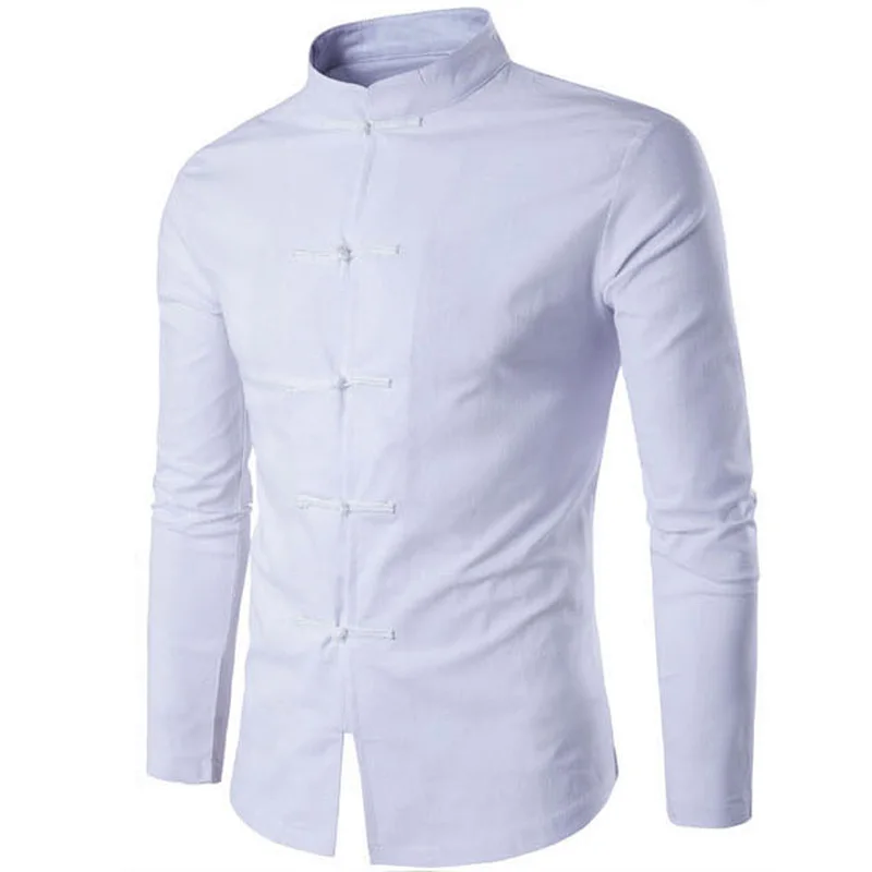 Белая Льняная мужская рубашка 2019 брендовая с длинным рукавом Kung Fu Chemise Homme