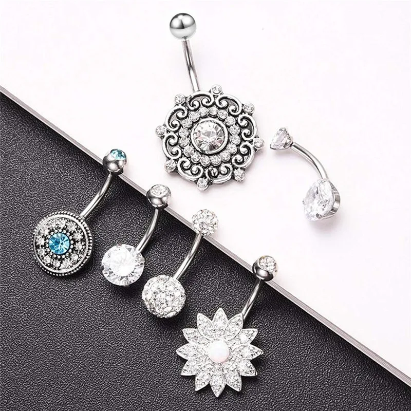 6pcs/set Body Piercing Jewelry Crystal Flower Navel Belly Button Ring