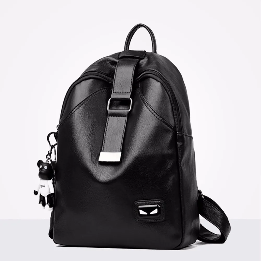 

2019 New Fashion Women Backpack Multifunction Solid Color Youth Trend Wild Leisure Bags Pu Leather Bear Pendant B
