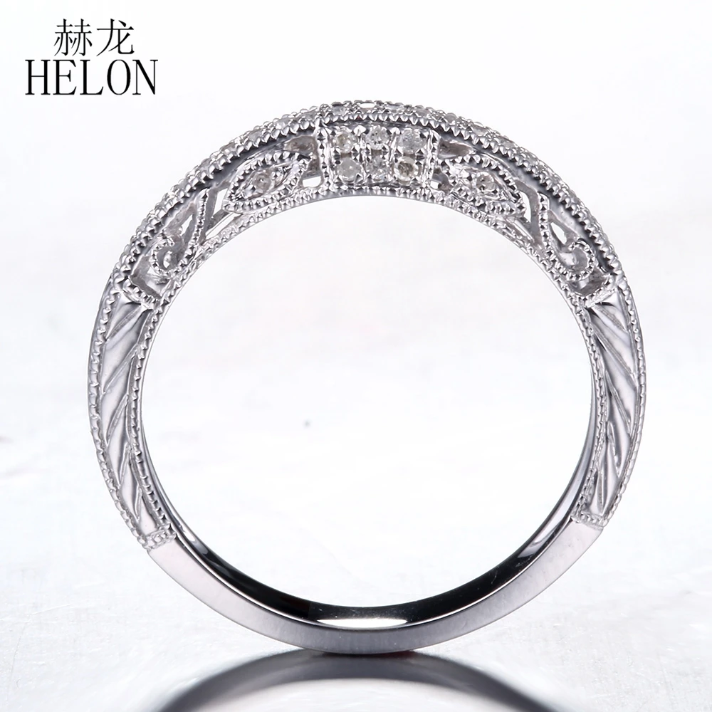 HELON Solid 14K White Gold 100% Genuine Natural Diamonds Ring For Women Half Eternity Wedding Ring Women Vintage Trendy Jewelry