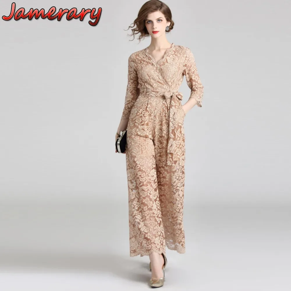 Designer Runway Wide Leg Jumpsuits Women Chic Lace Up Sexy Lace Rompers Loose Casual Long Pants Suits Woman Jumpsuit Maxi Khaki
