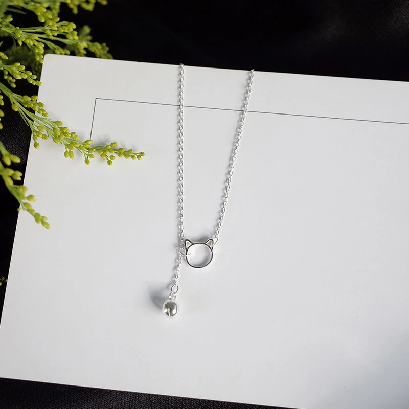 

NEW HOT Simple 925 Silver Cat Necklaces Pendant Small bell Long Necklace For Women Hot Fashion silver-jewelry