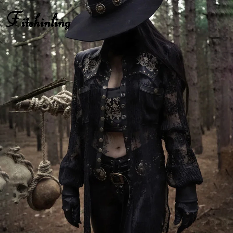 

Fitshinling Goth Dark Lace Patchwork PU Jacket Women Faux Leather Rivet Black Autumn Coat Female Gothic Grunge Sheer Jackets Hot