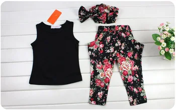 

2020 Fashion 3PCS Children Girls Clothing Set Summer Sleeveless Black T-shirt Floral Pants Headband Trend Girl Clothes