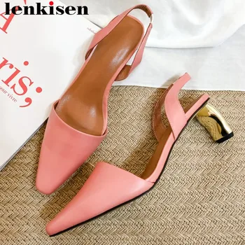 

Lenkisen full grain leather slip on classic square toe back band slingback women sandals metal high heels dress dating shoes L06