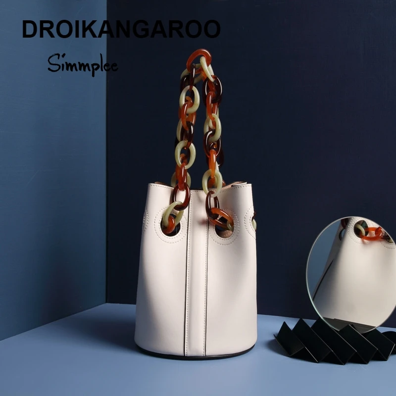 

Spring 2019 New European and American style leather ladies bag pure color bucket resin chainLuxury Bag Clutch Luxury Handbags