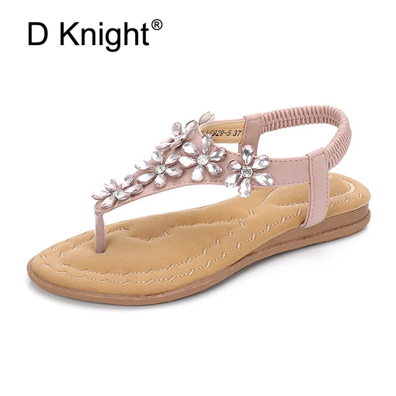 

Korean Comfortable Women Sandals Bohemian Crystal Flower Flip Flops Lady Flat Shoes Slip On Pink Female Sandal Shoes Big Size 11