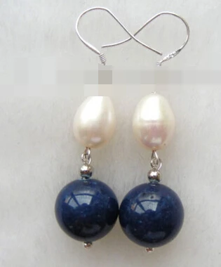

shitou 00599 WOW 12mm round blue lapis lazuli &white natural freshwater pearls earrings