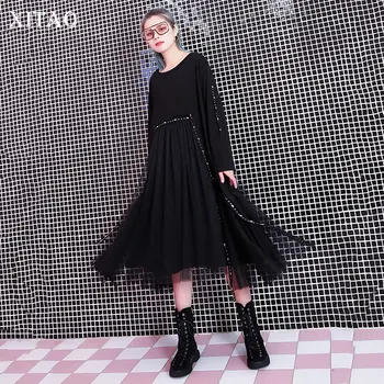 

[XITAO] Europe Autumn New 2018 Fashion Women Rivet Decoration Patchwork Mesh Dress Female Full Sleeve Knee-Length Dress ZLL1011