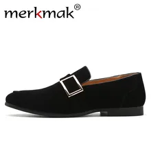 Mocasines Merkmak de ante para hombre, diseño de hebilla de Metal, zapatos de vestir elegantes para hombre, calzado Retro Vintage para boda, zapatos planos informales para hombre