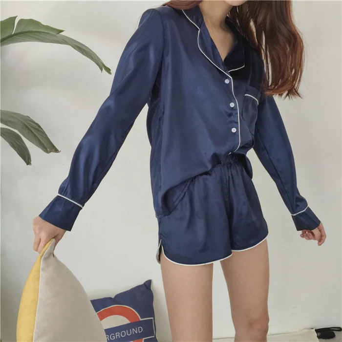 Для женщин s шелковый атлас пижамный комплект 2018 г. Модные, пикантные комплект из двух предметов Женское ночное белье рубашка с длинными