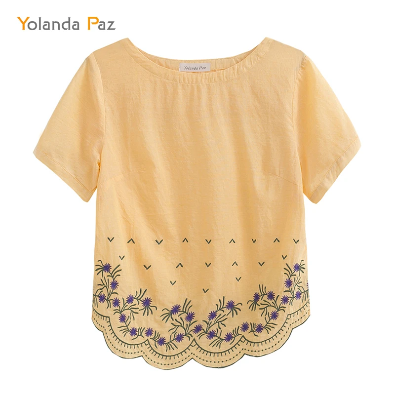

Yolanda Paz Newest yellow O-neck short sleeve women shirt Comfortable cotton ladies shirts blouse M-XXL